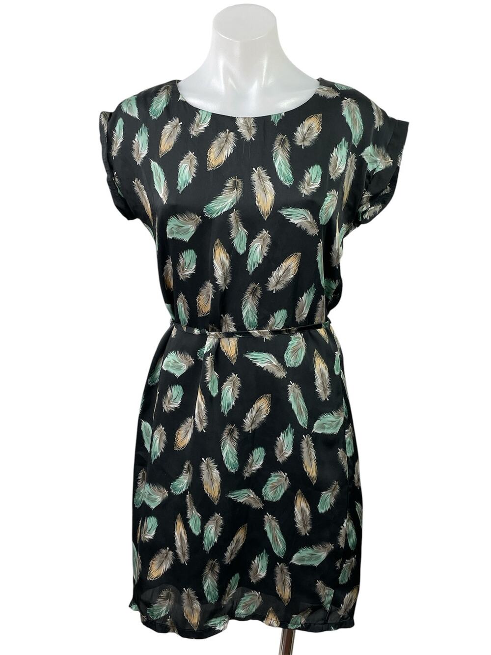 ARW 51 NYC Black Feather Short Sleeve Graphic Tie Waist A Line Mini Dress Size 4